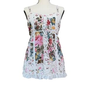 Zoe D. Floral Eyelet Cami Top Women Large White Ruffle Cottagecore Boho Flaw